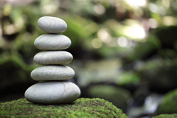 Balance and harmony in nature Stack of pebble stones by a stream in a forest balance photos stock pictures, royalty-free photos & images