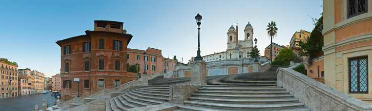 The famous terraced Spanish steps (1723) at first light leading to the church of Trinita dei Monti at the top of Pincio.