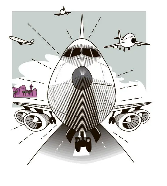 Vector illustration of cute passenger aircraft from the front.