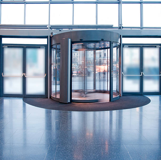 Revolving door in a building lobby