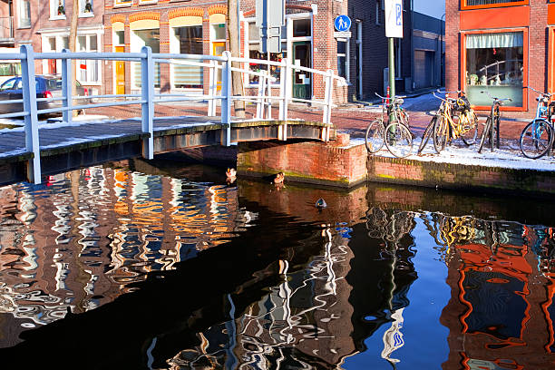 House reflection in the canal of Delft House reflection in the canal of Delft. horizontal shot delft winter netherlands snow stock pictures, royalty-free photos & images
