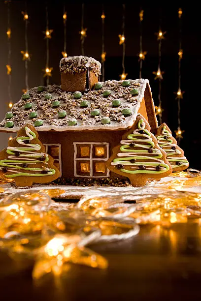 Beautiful gingerbread house with dark background with lights
