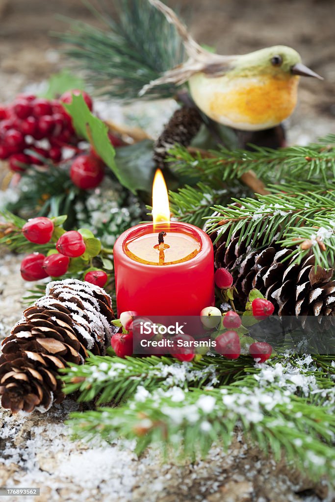 Christmas decoration "Christmas decoration with winter berries,candle,pine cone,bird and fir tree" Advent Stock Photo