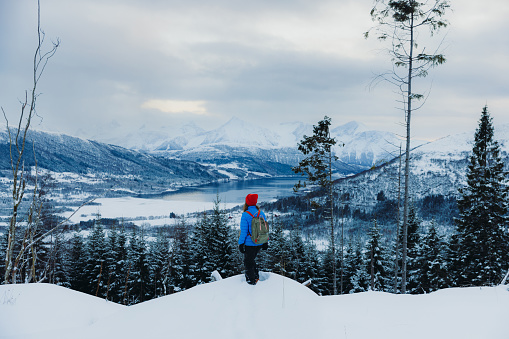 Rear view of female in red hat and blue jacket enjoying the Christmas time outdoors hiking in the pine forest contemplating the view of the snowcapped mountains and frozen reflection lake woodland above in Norway, Scandinavia