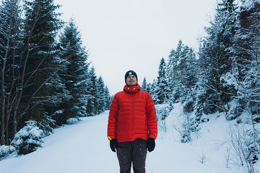 Front view of a man in red jacket contemplating the Christmas time outdoors hiking through the deep snow in the Lapland pine woodland in Norway, Scandinavia