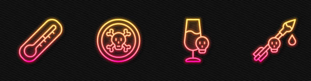 istock Set line Poisoned alcohol, Thermometer, Bones and skull and the arrow. Glowing neon icon. Vector 1768940624