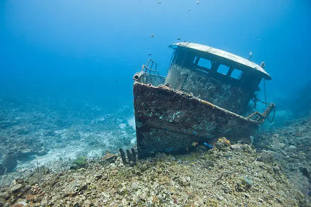 "The wreck of the Mr. Bud, a former shrimping boat, scuttled off the island of Roatan, Honduras and now used as a scuba diving site."