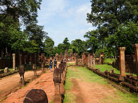 Ankor Wat, Siem Reap, Cambodia-September 7, 2018: Tourists visiting Banteay Srei Temple complex, Ankor Wat, Cambodia.