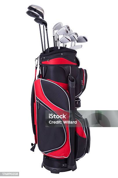 골프 클럽 빨간색 및 검정색 매직기 흰색 바탕에 그림자와 골프 가방에 대한 스톡 사진 및 기타 이미지 - 골프 가방, 골프 클럽, 컷아웃