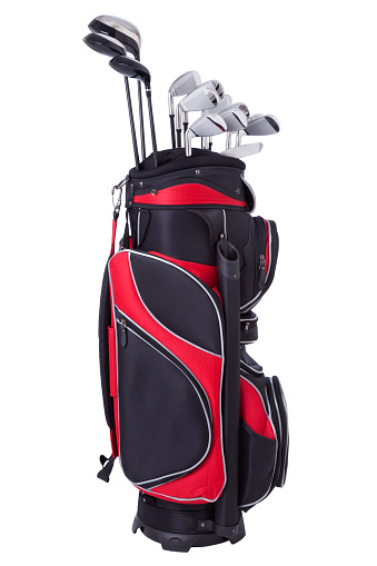 Golf clubs in red and black bag isolated on whiteMore golf images: