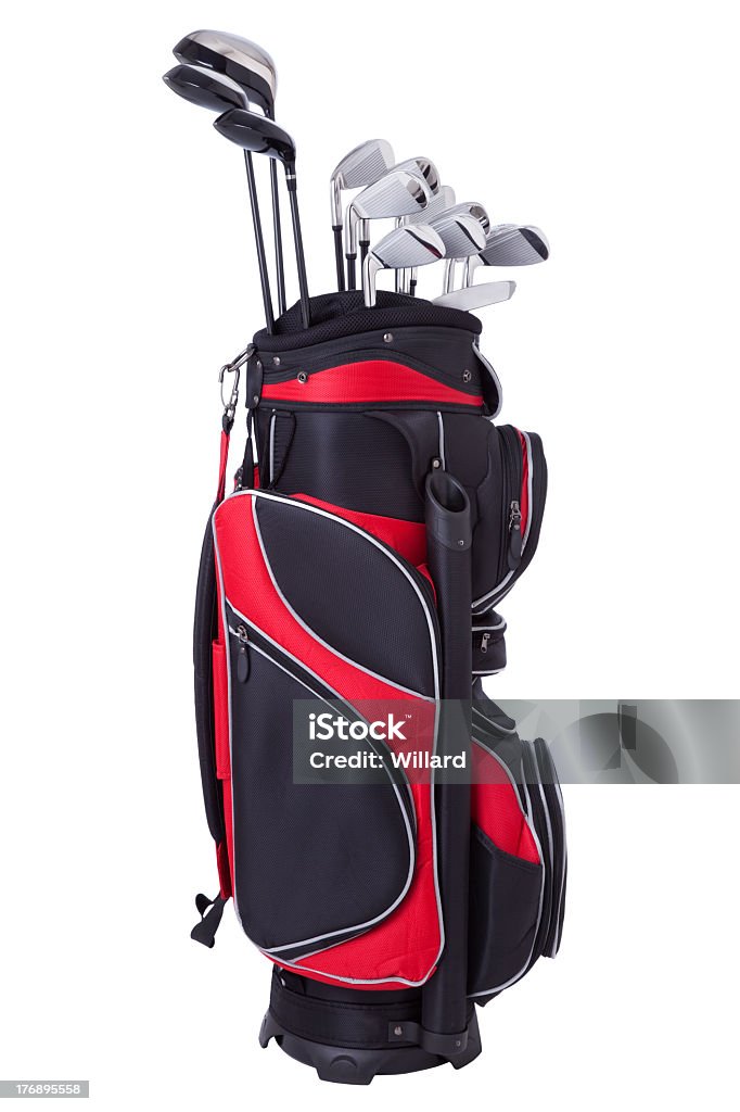 Tacos de golfe em vermelho e preto bolsa isolada no branco - Foto de stock de Bolsa de Golfe royalty-free