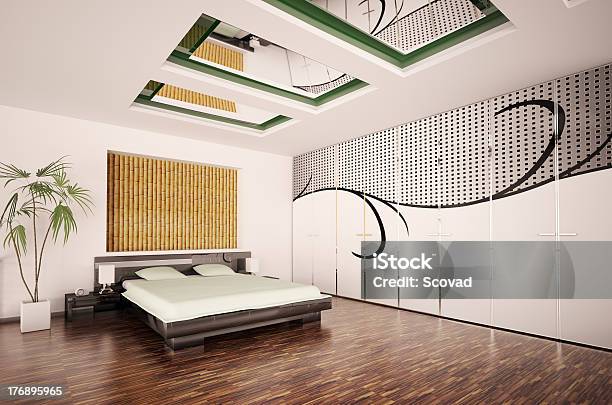 Modern Bedroom With 3d Artwork On The Wall Stock Photo - Download Image Now - Bamboo - Material, Headboard, Mirror - Object