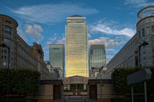 Canary Wharf London England UK from Cabot Square at dusk