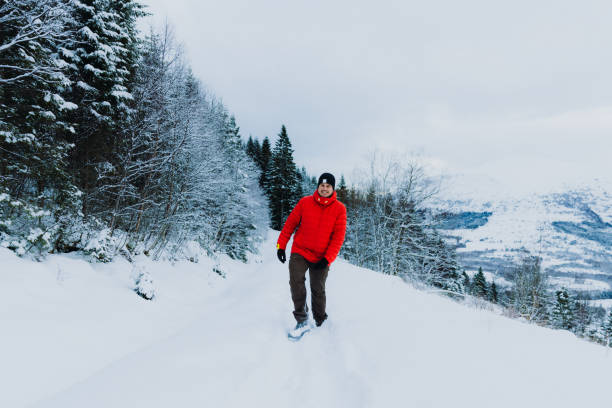 Front View of a smiling man in red jacket contemplating the Christmas time outdoors walking in the deep snow in pine woodland with Mountain View of Norway, Scandinavia