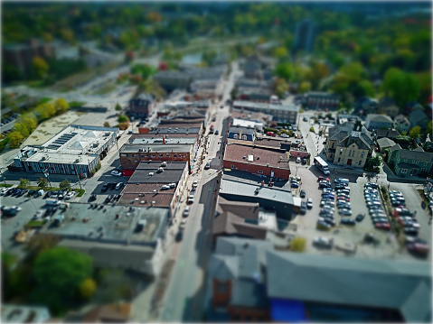 Tilt Shift Lens View of a Midsize Town Main Street