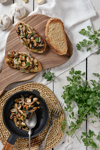 Homemade delicious mushroom sandwich on a rustic background