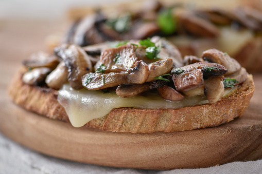 Homemade delicious mushroom sandwich on a rustic background