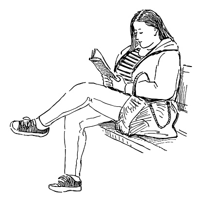 Sketch of casual young city woman sitting on park bench and reading book
