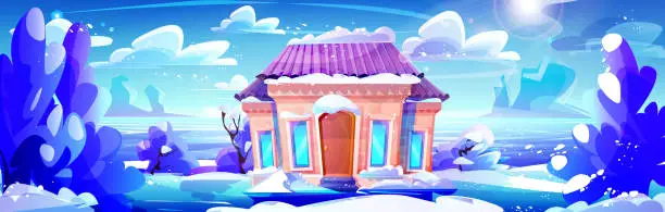 Vector illustration of Country winter holiday concept in cartoon style. A country house, a camp site, a hotel against the backdrop of a sunny winter country landscape with snow-covered trees against the backdrop of a river and mountains.
