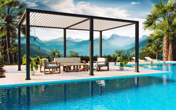 istock 3D render of 6 pole anthracite pergola side view 1768979991