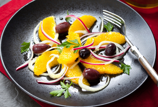 Orange and fennel salad with olives and onions.Italian Traditional salad
