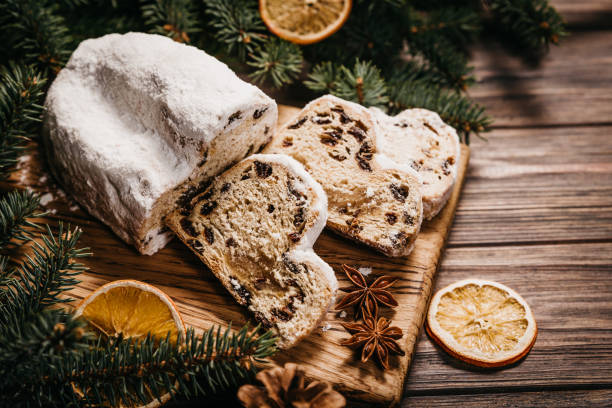 istock Christmas stollen on wooden background. baking for xmas 1768992426