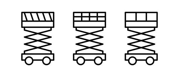 zestaw ikon wektorowych podnośnika nożycowego. urządzenia konspektowe, dźwigi, wciągarki symbol - construction platform elevator picking up hydraulic platform stock illustrations