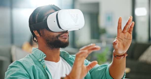 istock Business man, virtual reality vision and office with hands, smile and test with 3d user experience on dashboard. Futuristic tech entrepreneur, ar glasses and exam for metaverse, cyber ui or system 1768996709