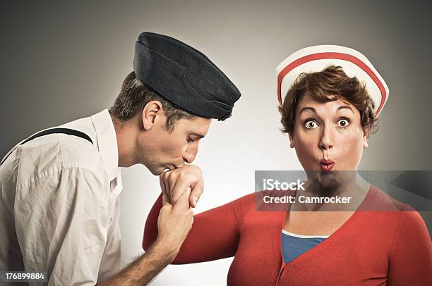 Retro Pilot Kissing Nurses Hand Stock Photo - Download Image Now - Kissing Hand, 1940-1949, 30-39 Years