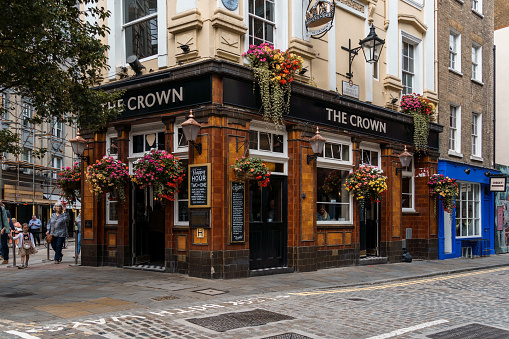London, UK - August 27, 2023: Seven Dials Area in Covent Garden the West End of London. The Crown Pub