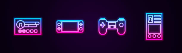 istock Set line Create account screen, Portable video game console, Gamepad and . Glowing neon icon. Vector 1769004188