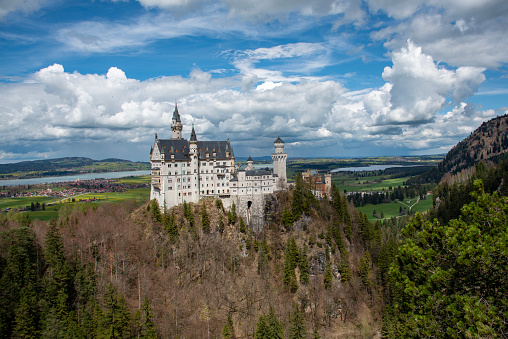 Neuschwanstein Castle in mountain forest, Germany. Scenic view of old German palace in Bavarian Alps, World landmark. Alpine landscape in summer. Theme of famous castle, nature, travel and tourism.