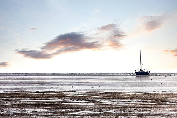 family stranded with sailboat at low tide sailboat with family stranded on tideland low tide stock pictures, royalty-free photos & images