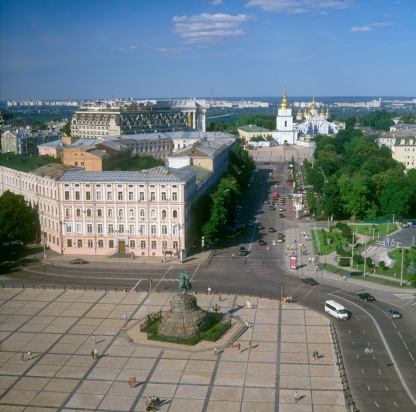 Ukraine. Overview of Kyiv with Khmelnitsky monument and St. Michael's cathedral.