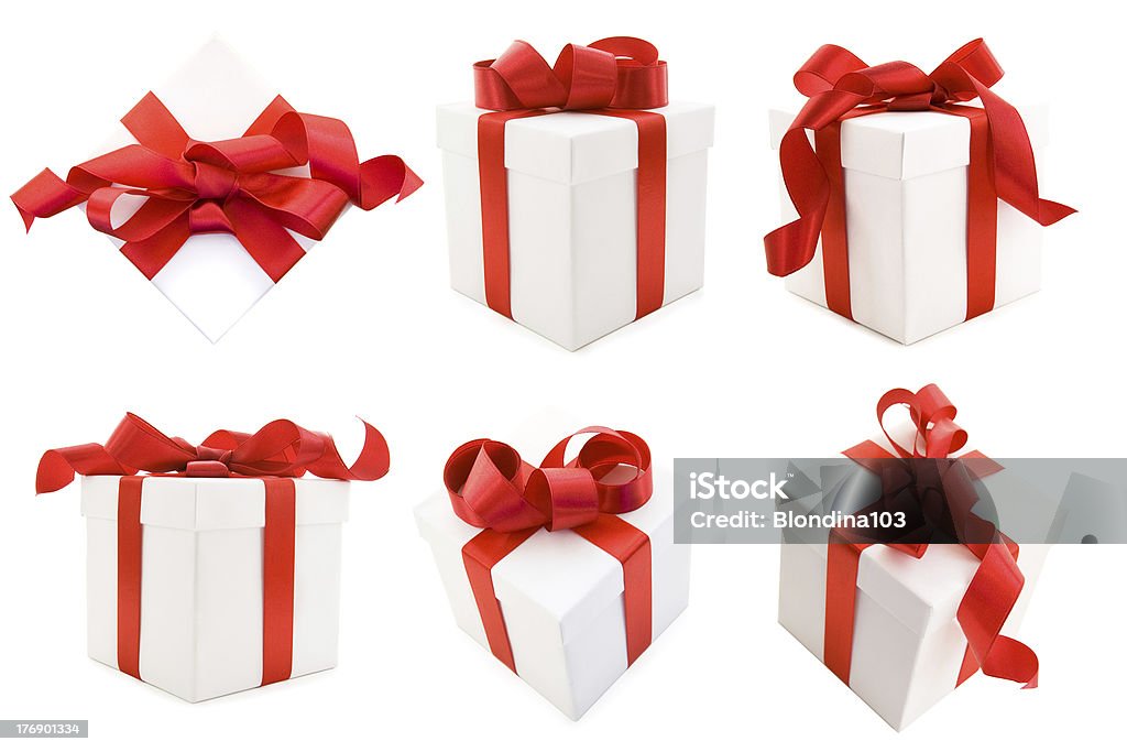 Kolekcja Boxs biały prezent Satynowa wstążka łuk z czerwonym - Zbiór zdjęć royalty-free (Bez ludzi)