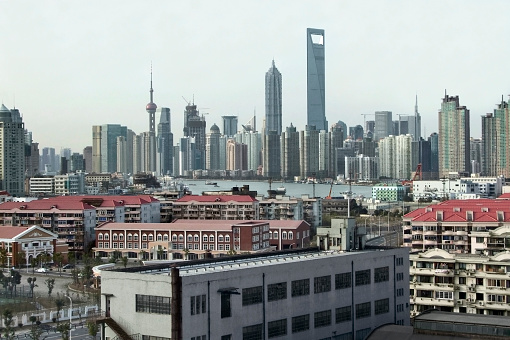 city view showing the skyline of Pudong, a district of Shanghai in China