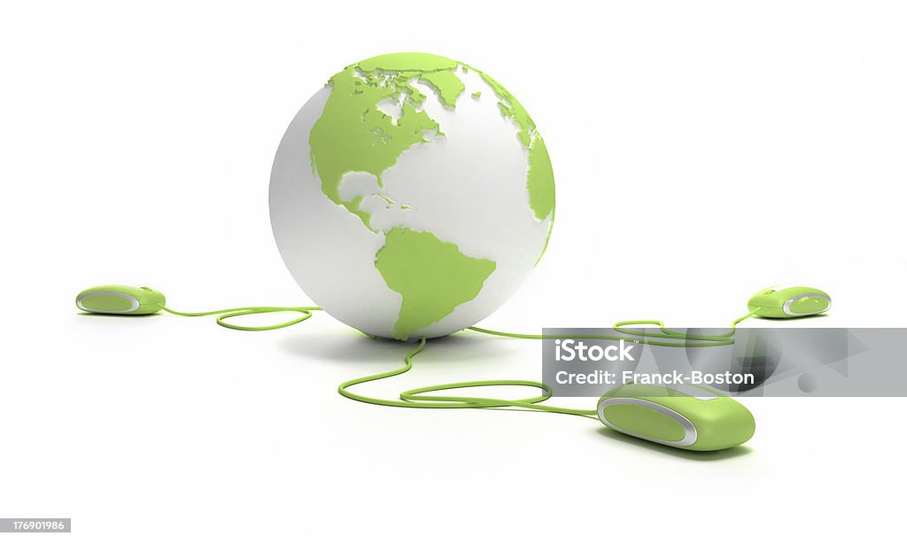 Computer mouse trio linked to globe Green and white Earth Globe connected with three computer mice. The map texture is mine, please see attached release Digitally Generated Image Stock Photo