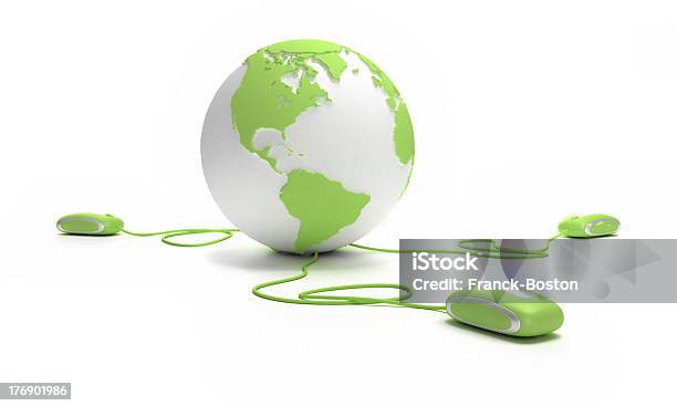 Computer Mouse Trio Linked To Globe Stock Photo - Download Image Now - Digitally Generated Image, Green Color, Brand Name Online Messaging Platform