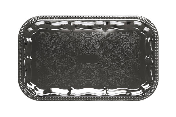 istock Empty silver tray with floral ornament isolated on white background 176902187