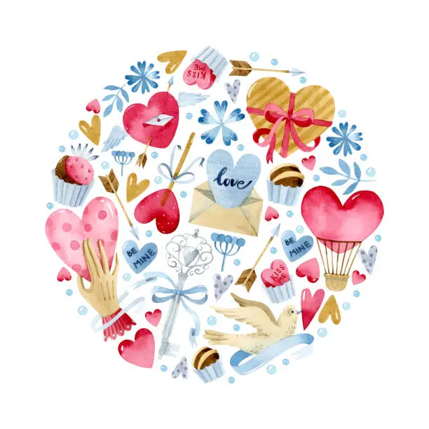 Vector illustration of Valentine's romance elements round watercolor illustration