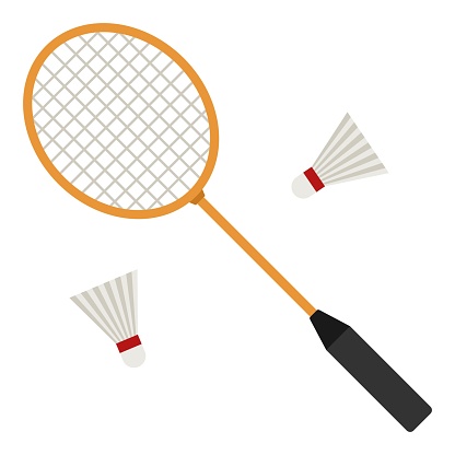 Badminton racket and white shuttlecocks on white background. Equipments for badminton game sport. Vector illustration.
