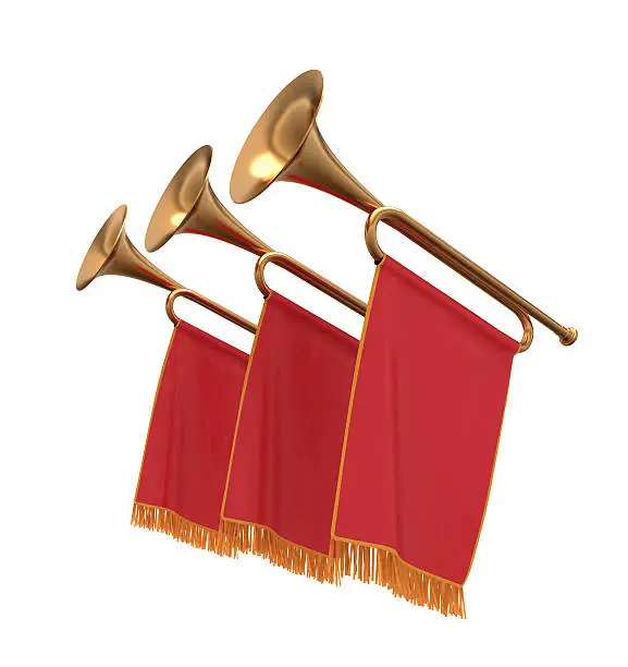 Photo of Three trumpets with a red banners.