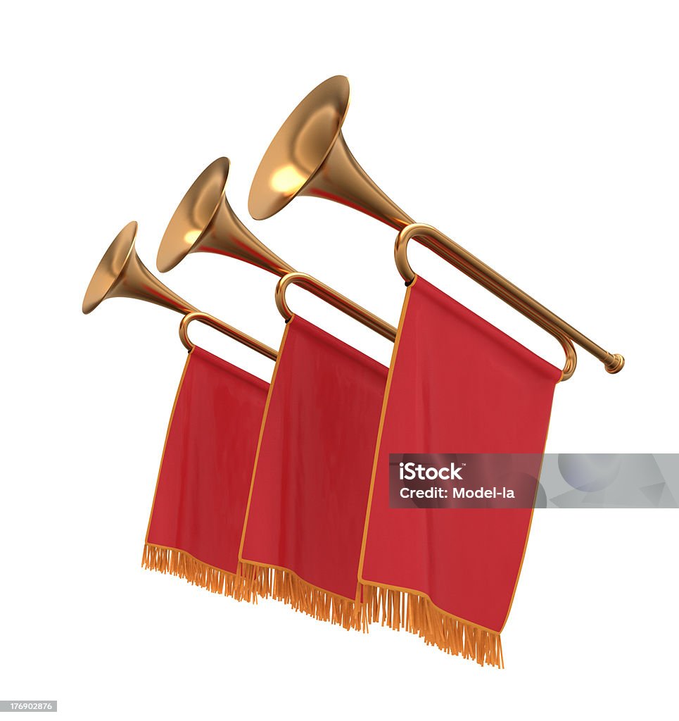 Três trumpets com um vermelho banners. - Foto de stock de Trompete royalty-free