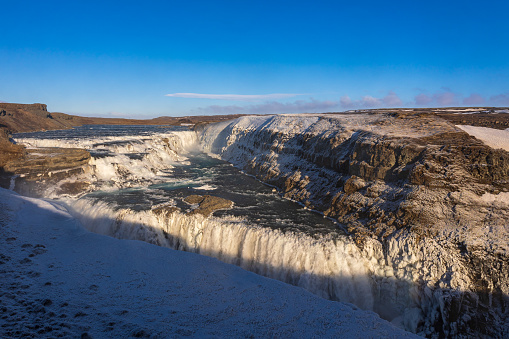 Snow and ice at gullfoss waterfall in iceland