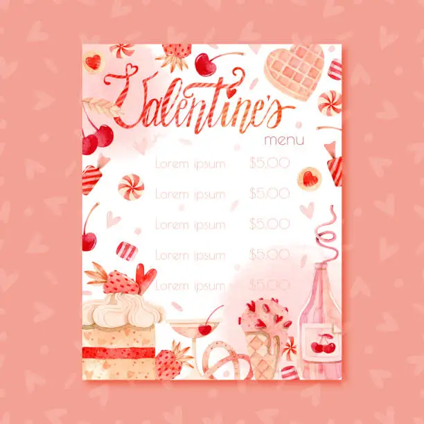 Vector illustration of Valentine's day menu watercolor retro pink cake, ice cream, waffles and candies