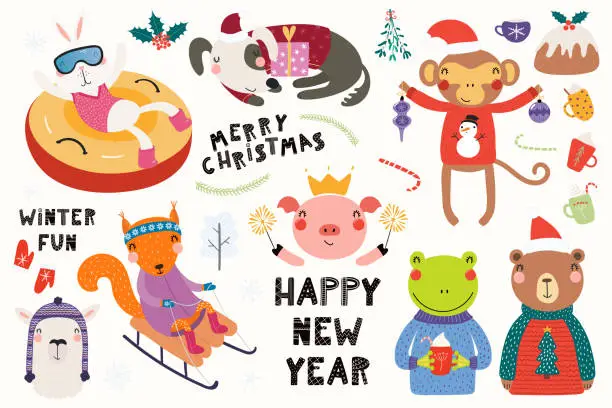 Vector illustration of Cute animals Christmas card