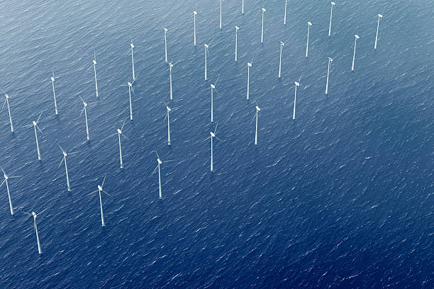 Several rows of wind turbines in body of water stock photo