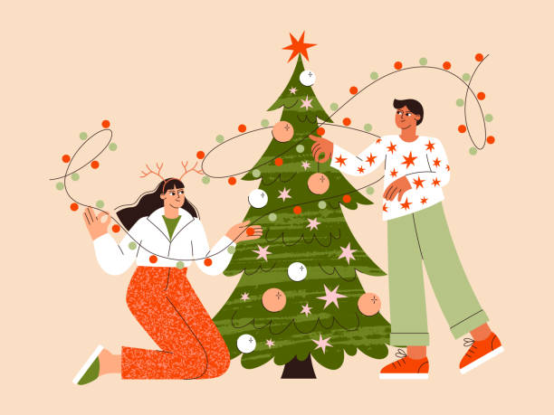 istock Christmas people vector flat illustration. Couple decorating Christmas tree. A guy and a girl celebrating New Year 1769042287