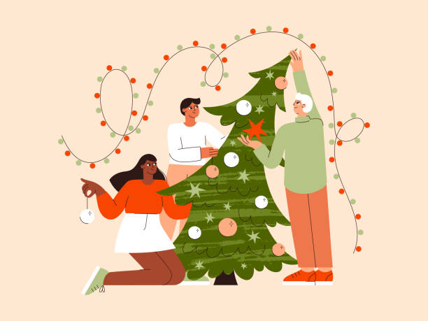 Christmas people vector flat illustration. Friends decorate Christmas tree. Group of holidays people celebrate New Year Christmas people vector flat illustration. Friends decorate Christmas tree. Group of holidays people celebrate New Year diverse family christmas stock illustrations
