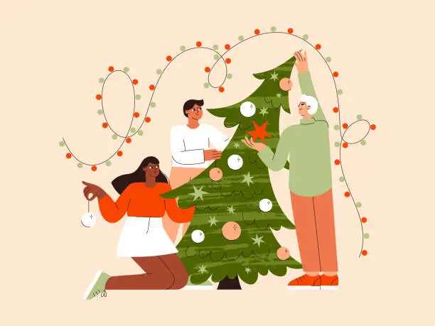 Vector illustration of Christmas people vector flat illustration. Friends decorate Christmas tree. Group of holidays people celebrate New Year